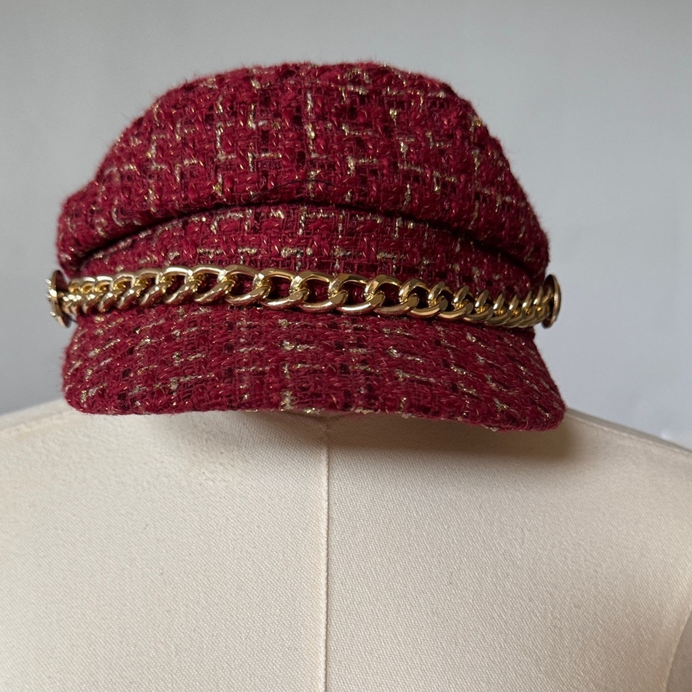 Gold-Chain Burgundy Tweed Cadet Hat